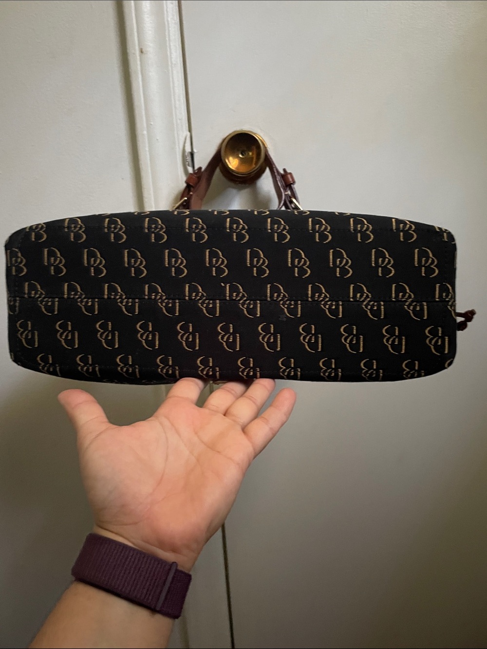 Dooney & Bourke Black Signature Canvas Shoulder Bag with Brown Trim - Picture 3 of 3